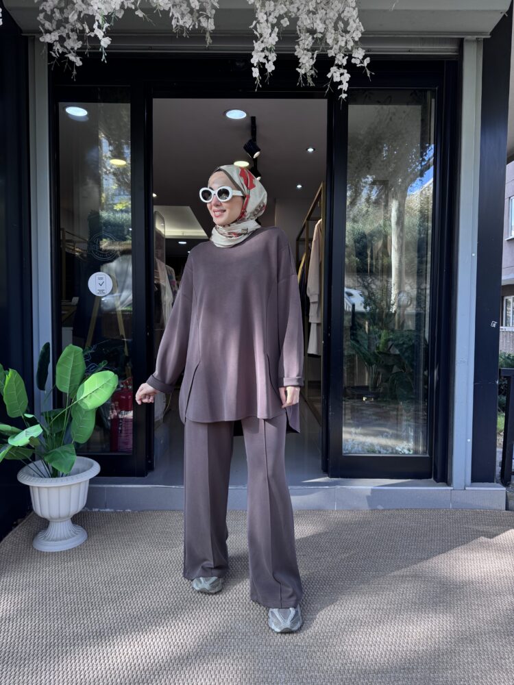 Eteği Kesik Qupra Modal Takım-Kahverengi