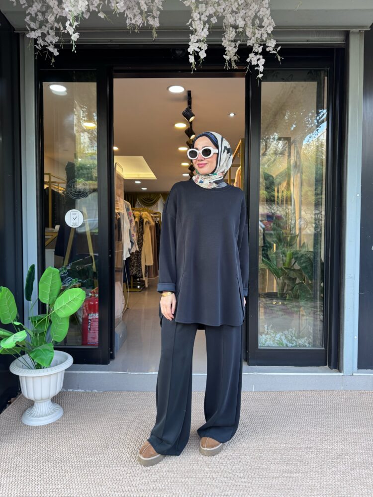 Eteği Kesik Qupra Modal Takım-Siyah