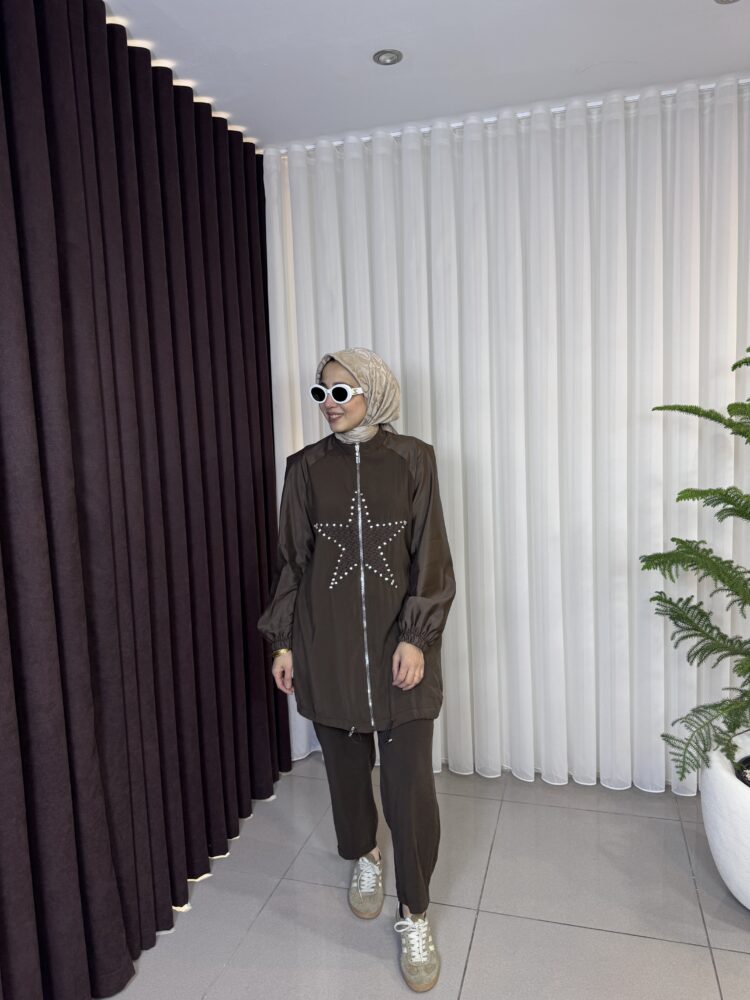 14447-Puanne Yıldızlı Taşlı Takım -Kahverengi